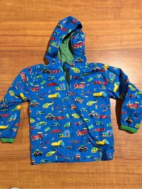 Kids Blue Hooded Raincoat with Vehicle Print